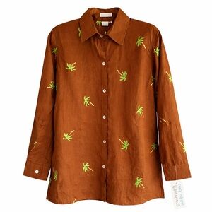 Casey Coleman 100% Linen Palm Tree Button Down Shirt S NWT